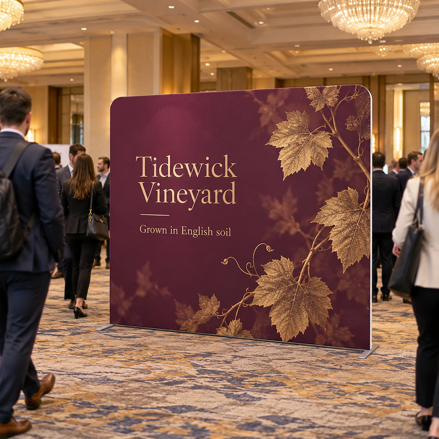 Display Wall P at a conference exhibition in a hotel ballroom, shown with an example design