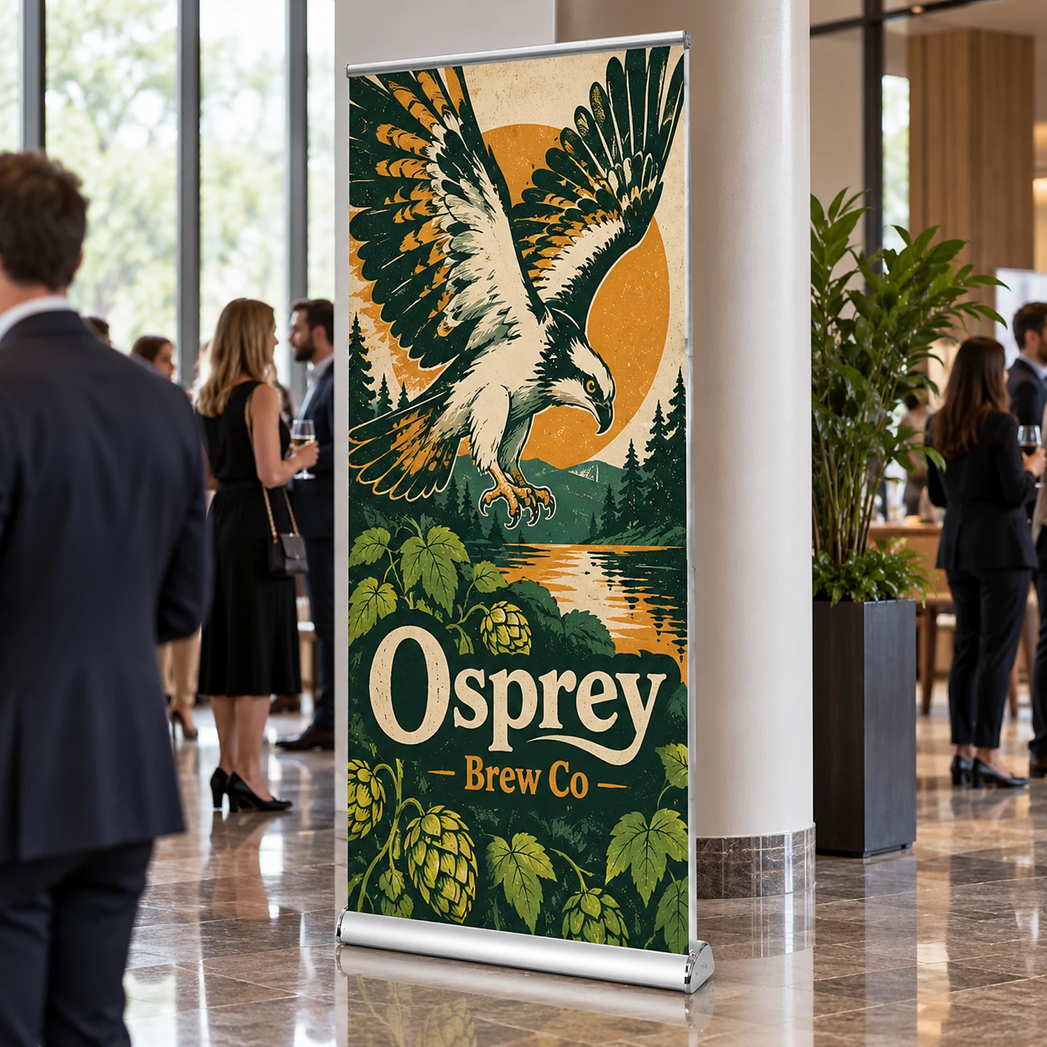 Double-sided roller banner at a corporate event in a hotel foyer
