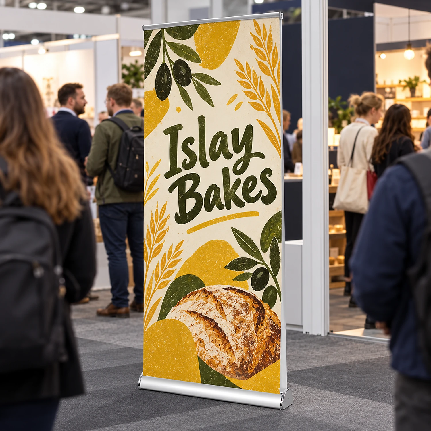 Double-sided roller banner in use at a busy trade show