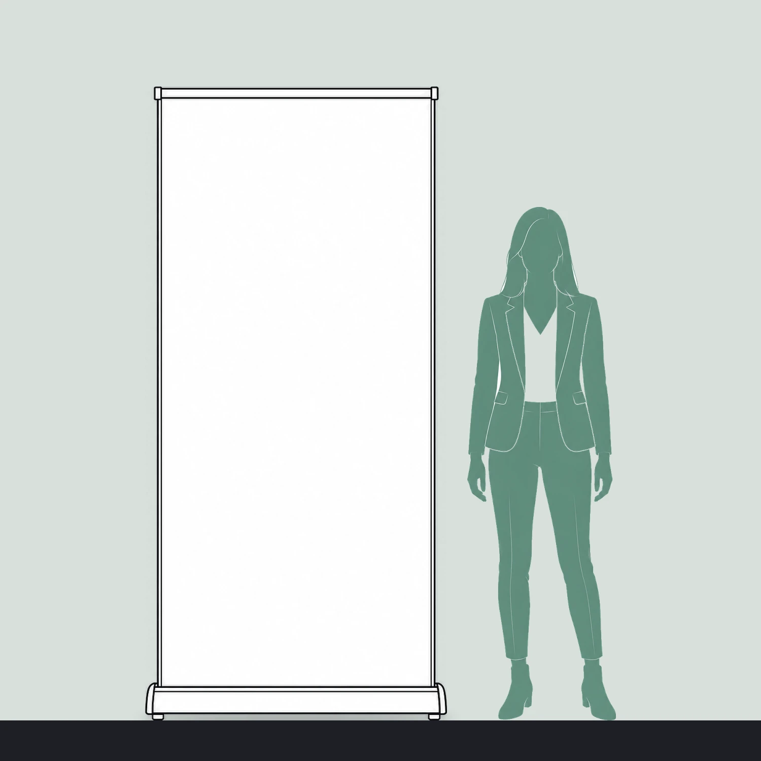 Double-sided roller banner size guide, 1 m wide by 2.1 m high, shown next to a person