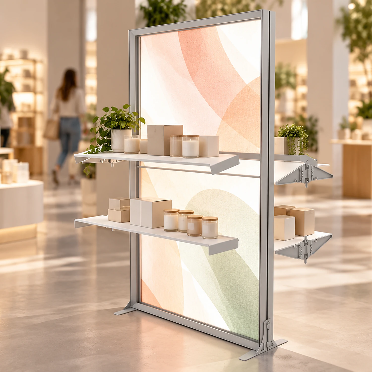 Double-sided shelves holding products on a lightbox in a shop