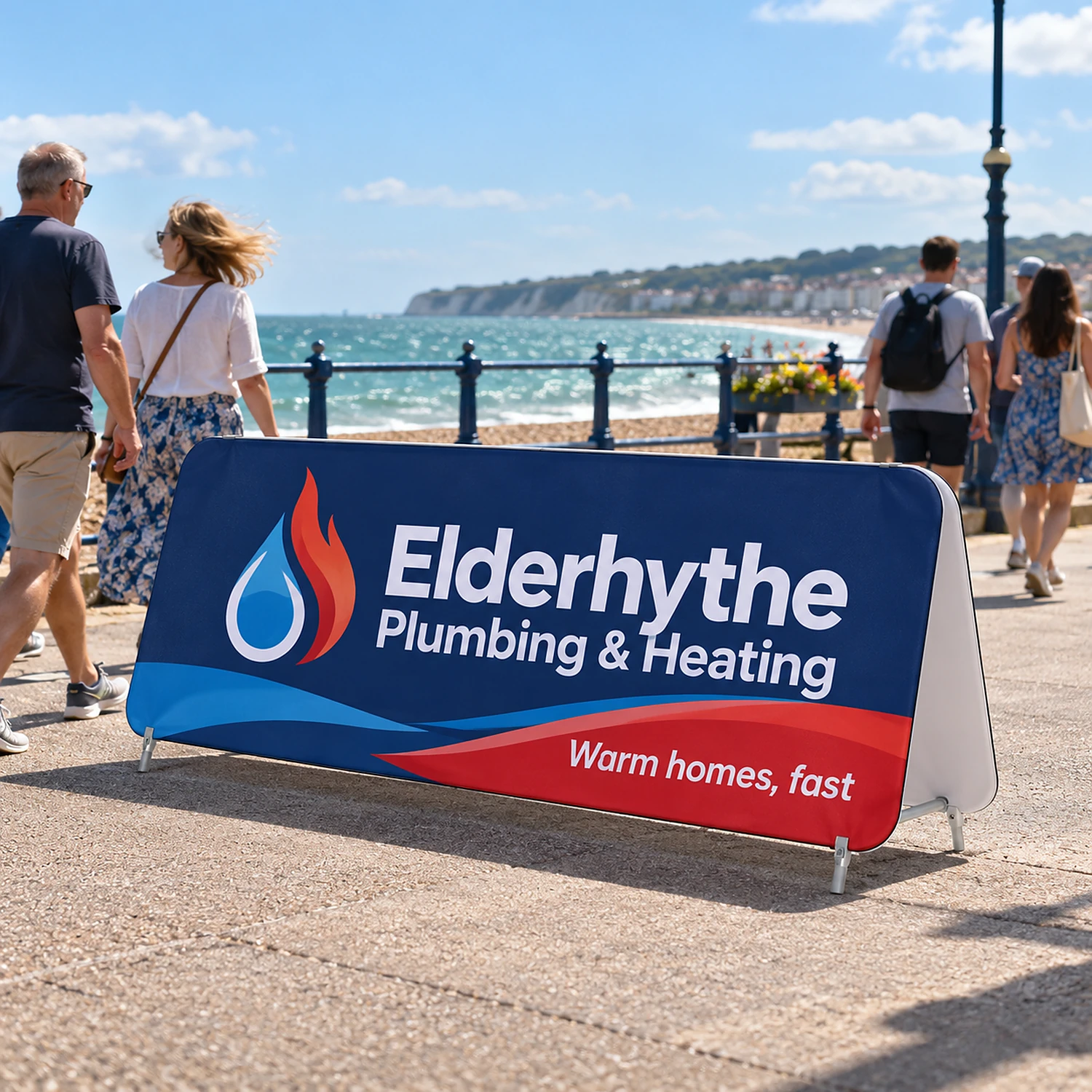 Double Stand Large on a seaside promenade, shown with an example design