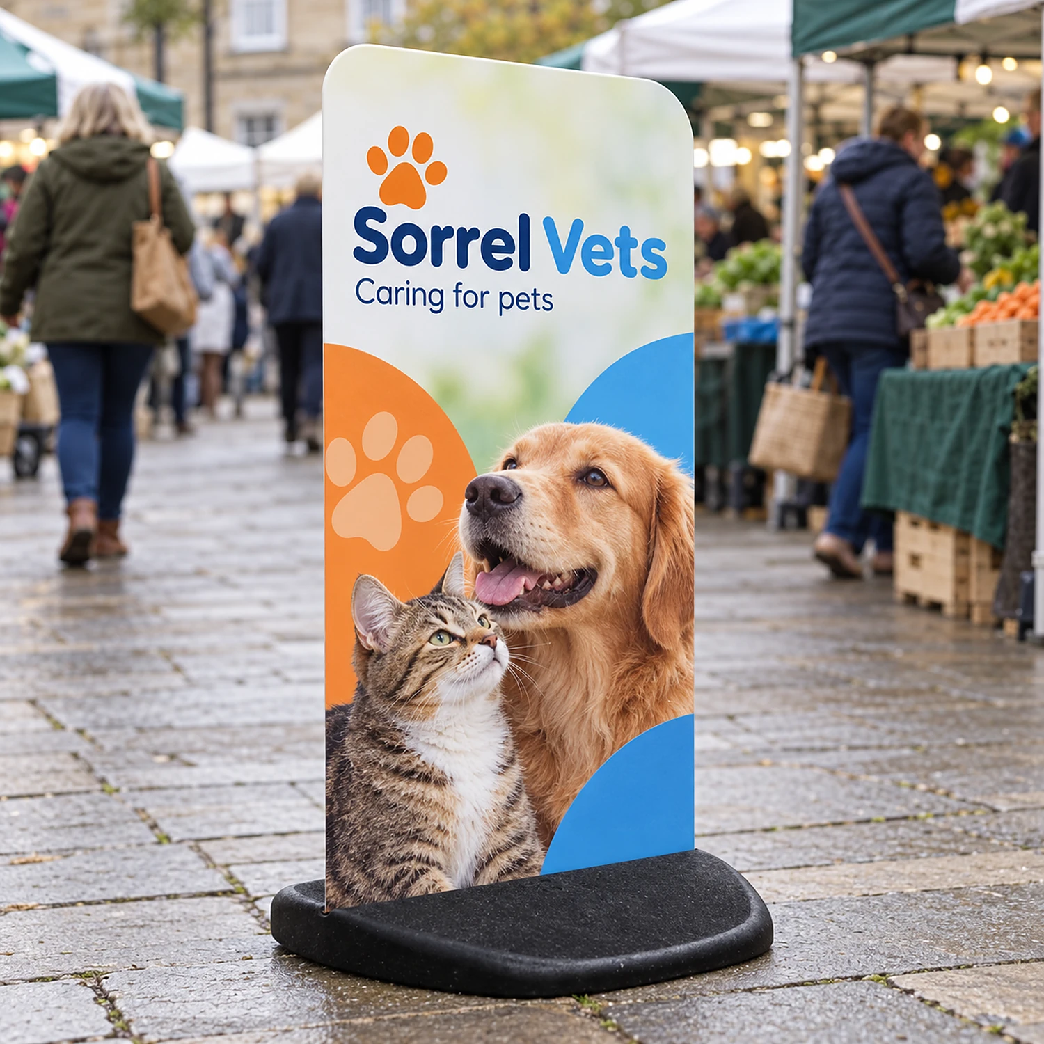 Ecoflex Extra pavement sign at a farmers market entrance