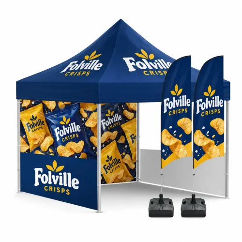 Event Gazebo Kit - 3m x 6m - Custom Printed Canopy with Flags, shown with example artwork