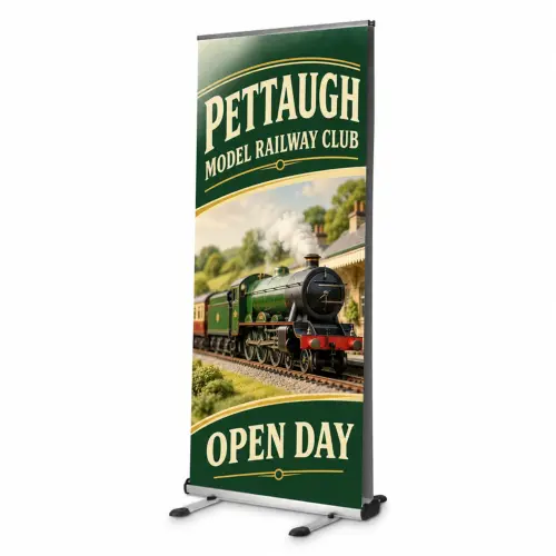 Expovision Outdoor Roller Banner - 850mm Wide - Double-Sided, shown with example artwork