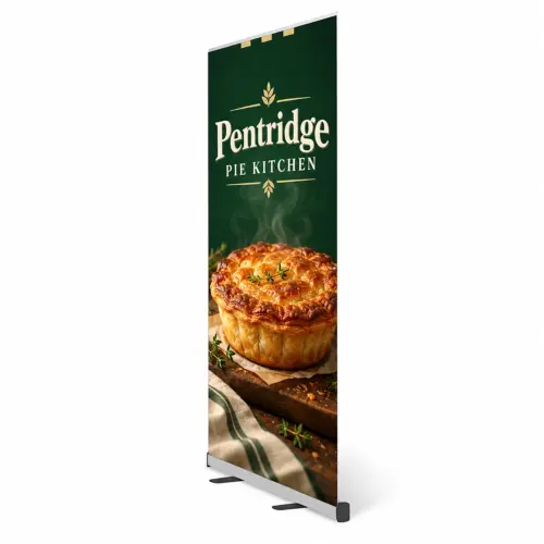 Expovision Roller Banner - 850mm Wide - Single-Sided, shown with example artwork
