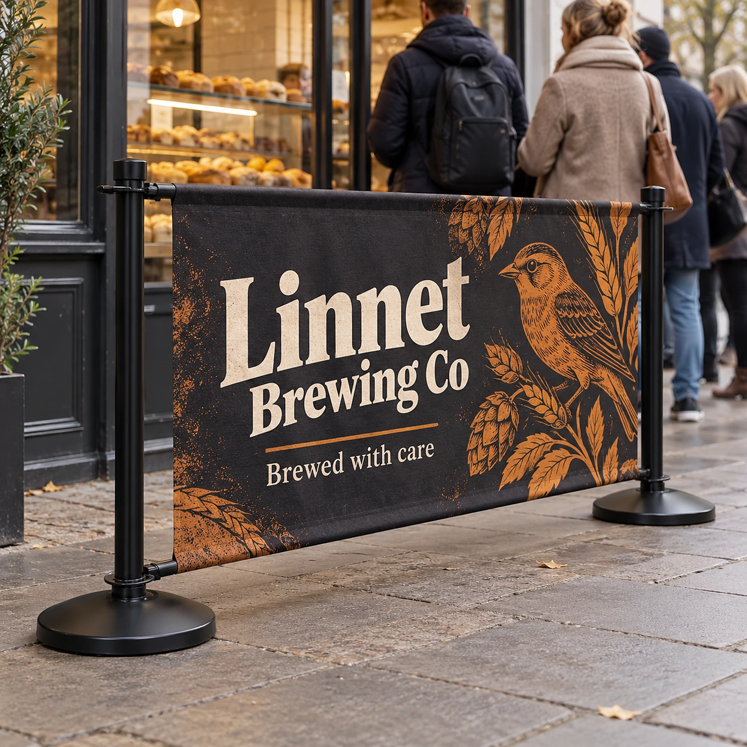 Extension cafe barrier kit with black posts as a queue barrier outside a bakery