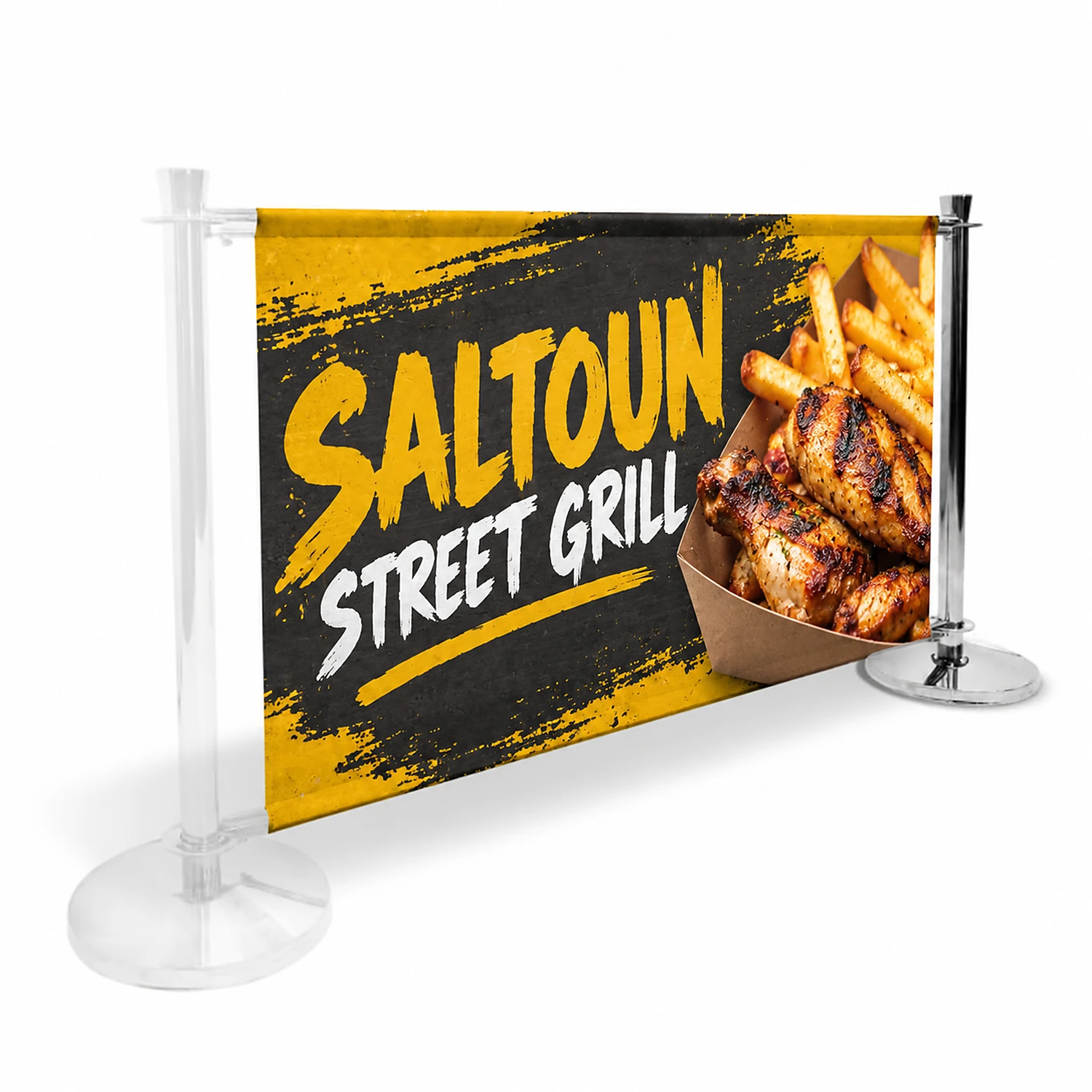 Extension Café Barrier Kit - Single Sided - 2000mm Silver - PVC, shown with example artwork