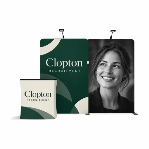 Fabric Display Wall 2.84m x 2.26m, Double-Sided, with LED Spotlights & Counter Case, shown with example artwork