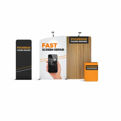 Fabric Display Wall 2.84m x 2.45m, Double-Sided, with LED Spotlights, Counter Case & Banner Stand - Design EA1, shown with example artwork