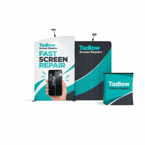 Fabric Display Wall 2.84m x 2.45m, Double-Sided, with LED Spotlights & Counter Case, shown with example artwork