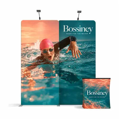 Fabric Display Wall 2.84m x 3.18m, Double-Sided, with LED Spotlights & Counter Case, shown with example artwork