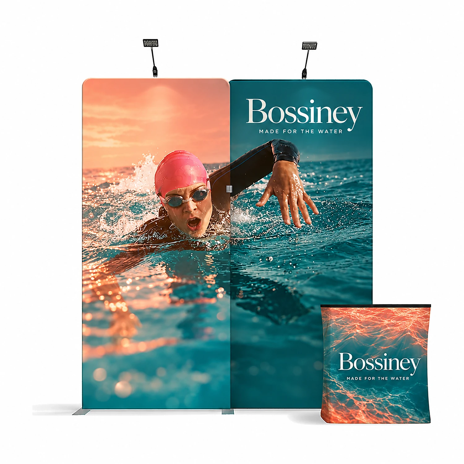 Fabric Display Wall 2.84m x 3.18m, Double-Sided, with LED Spotlights & Counter Case, shown with example artwork