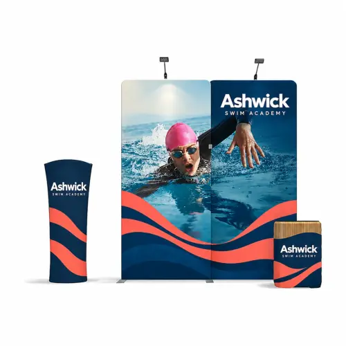 Fabric Display Wall 2.84m x 3.18m, Double-Sided, with LED Spotlights, Counter Case & Fabric Tower, shown with example artwork