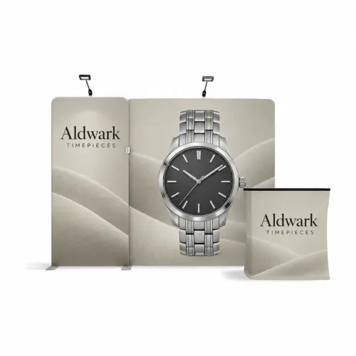 Fabric Display Wall 2.99m x 2.26m, Double-Sided, with LED Spotlights & Counter Case, shown with example artwork