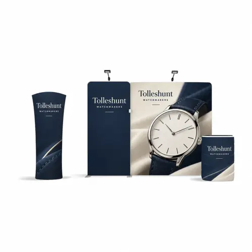 Fabric Display Wall 2.99m x 2.26m, Double-Sided, with LED Spotlights, Counter Case & Fabric Tower, shown with example artwork
