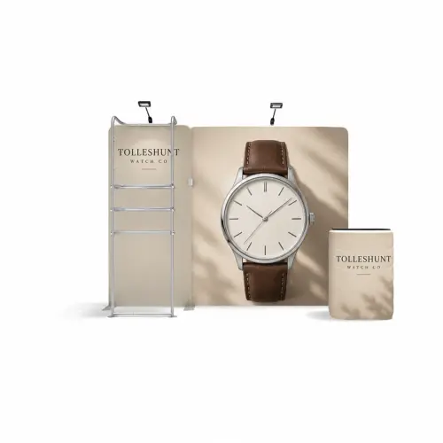 Fabric Display Wall 2.99m x 2.26m, Double-Sided, with Shelving, LED Spotlights & Counter Case, shown with example artwork