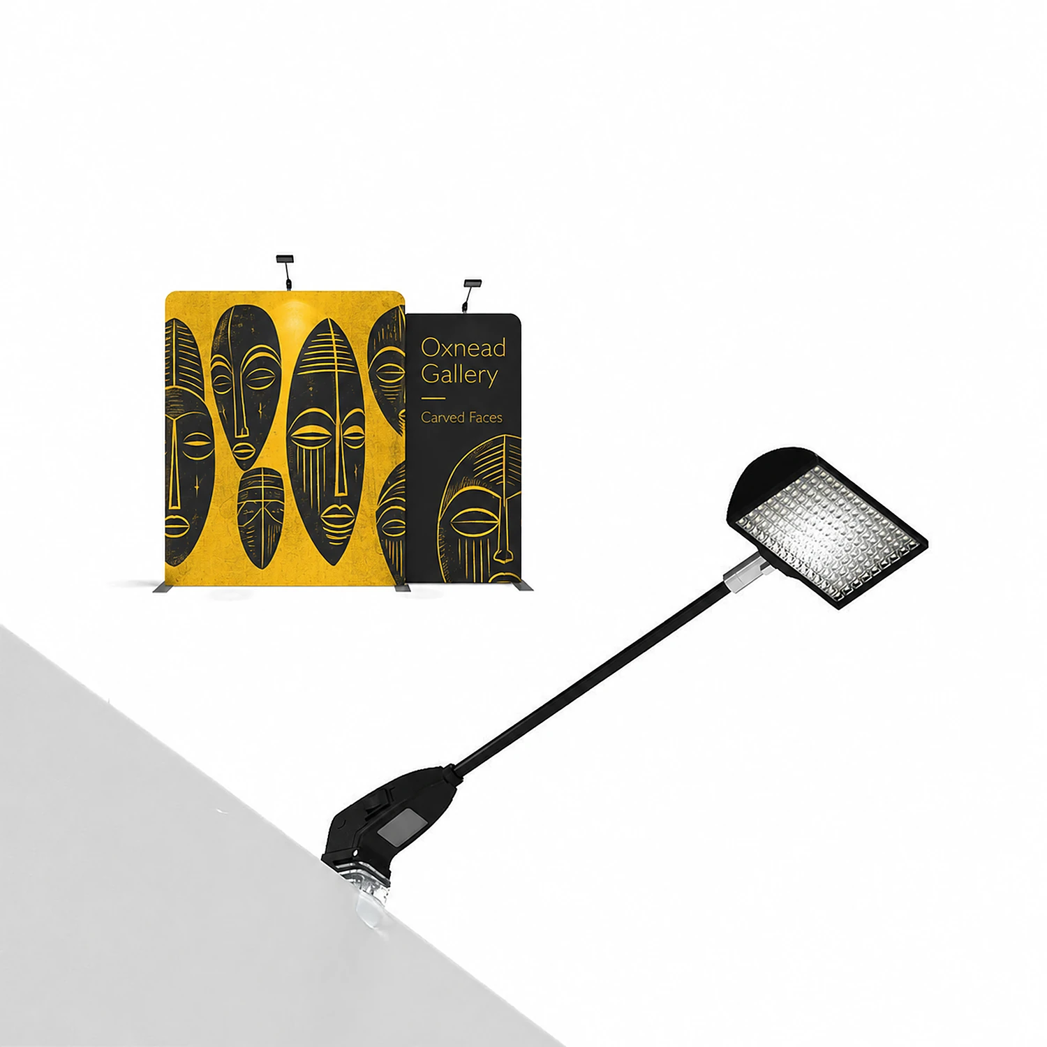 Fabric Display Wall 2.99m x 2.45m, Double-Sided, with LED Spotlights, Counter Case & Banner Stand, shown with example artwork