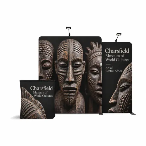 Fabric Display Wall 2.99m x 2.45m, Double-Sided, with LED Spotlights & Counter Case, shown with example artwork