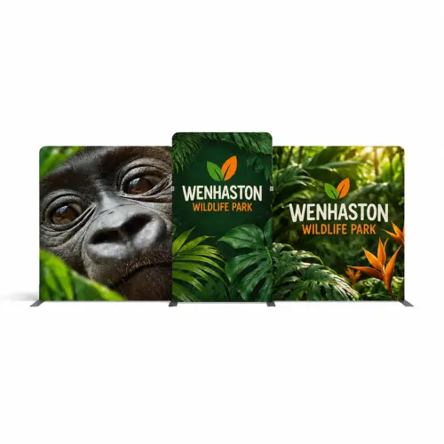 Fabric Display Wall 5.29m x 2.45m, Double-Sided, with Carry Bag, shown with example artwork