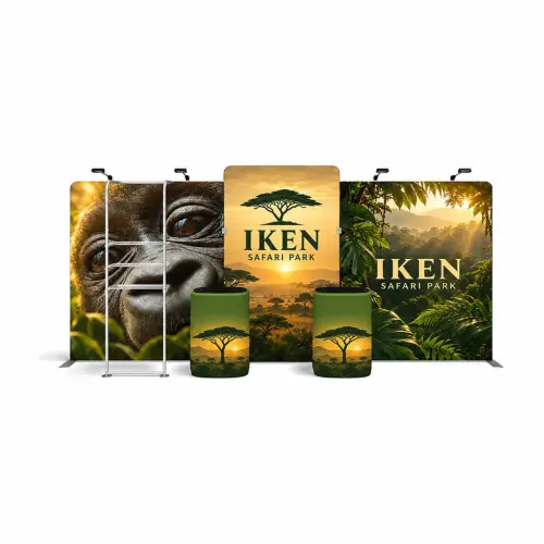 Fabric Display Wall 5.29m x 2.45m, Double-Sided, with Shelving, LED Spotlights & Counter Case, shown with example artwork