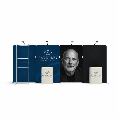 Fabric Display Wall 5.54m x 2.26m, Double-Sided, with Shelving, LED Spotlights & Counter Case, shown with example artwork