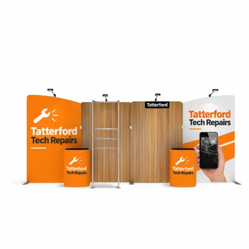 Fabric Display Wall 5.54m x 2.45m, Double-Sided, with Shelving, LED Spotlights & Counter Case, shown with example artwork
