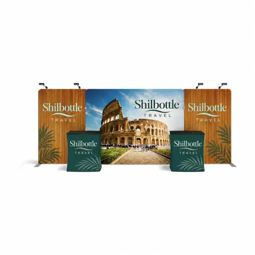 Fabric Display Wall 5.68m x 2.45m, Double-Sided, with LED Spotlights & Counter Case, shown with example artwork