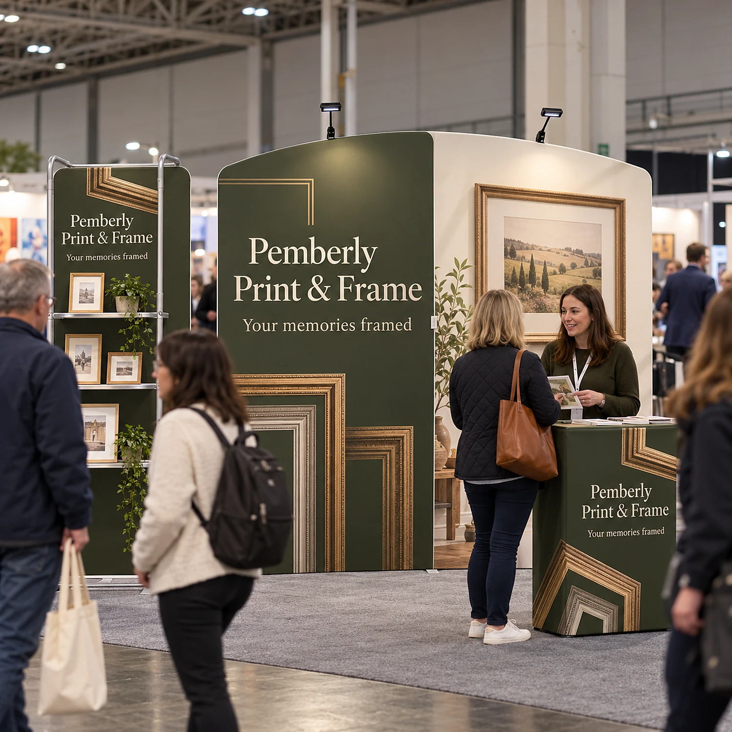 Fabric display wall 2.84m x 2.45m with shelving, LED spotlights and counter case in use at a regional trade fair, shown with an example design