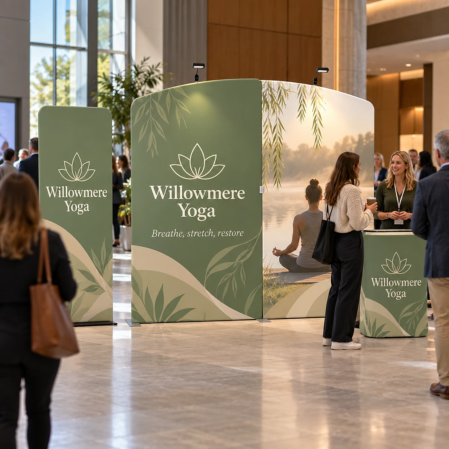 Fabric display wall 2.84m x 2.45m with LED spotlights, counter case and banner stand in use at a conference centre networking day, shown with an example design