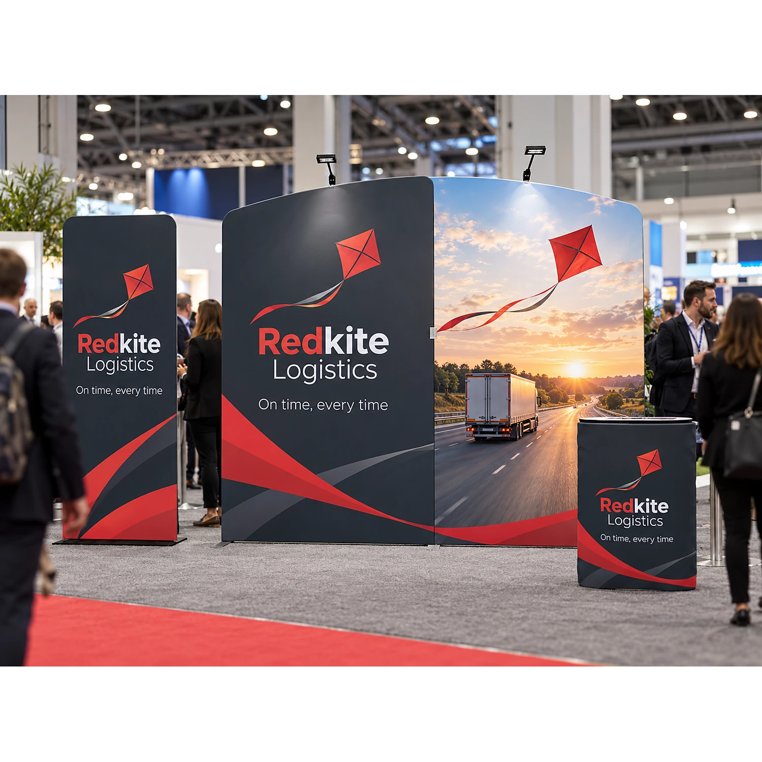 Fabric display wall 2.84m x 2.45m with LED spotlights, counter case and banner stand in use at a UK business expo, shown with an example design