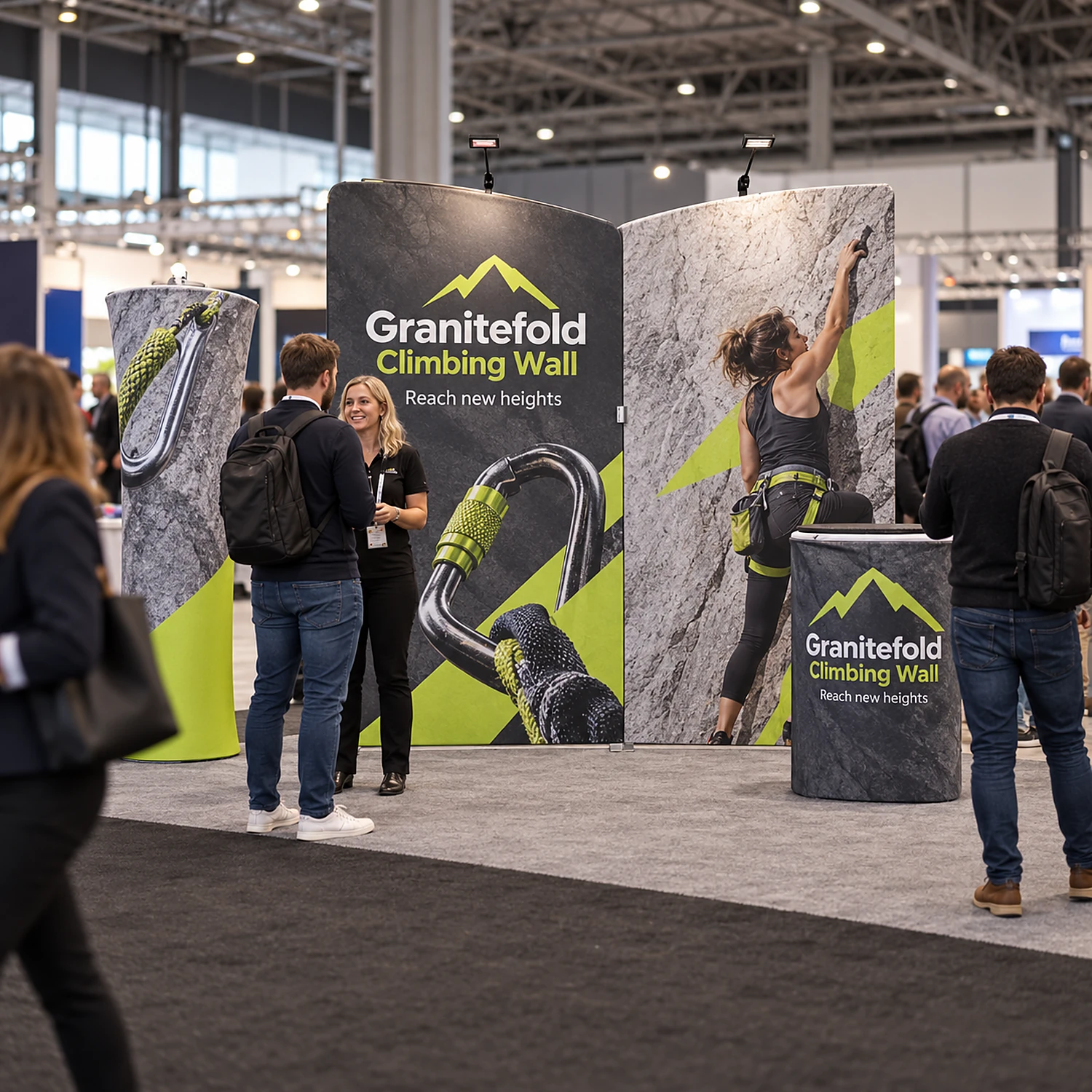 Fabric display wall 2.84m x 2.45m with LED spotlights, counter case and fabric tower in use at a UK business expo, shown with an example design