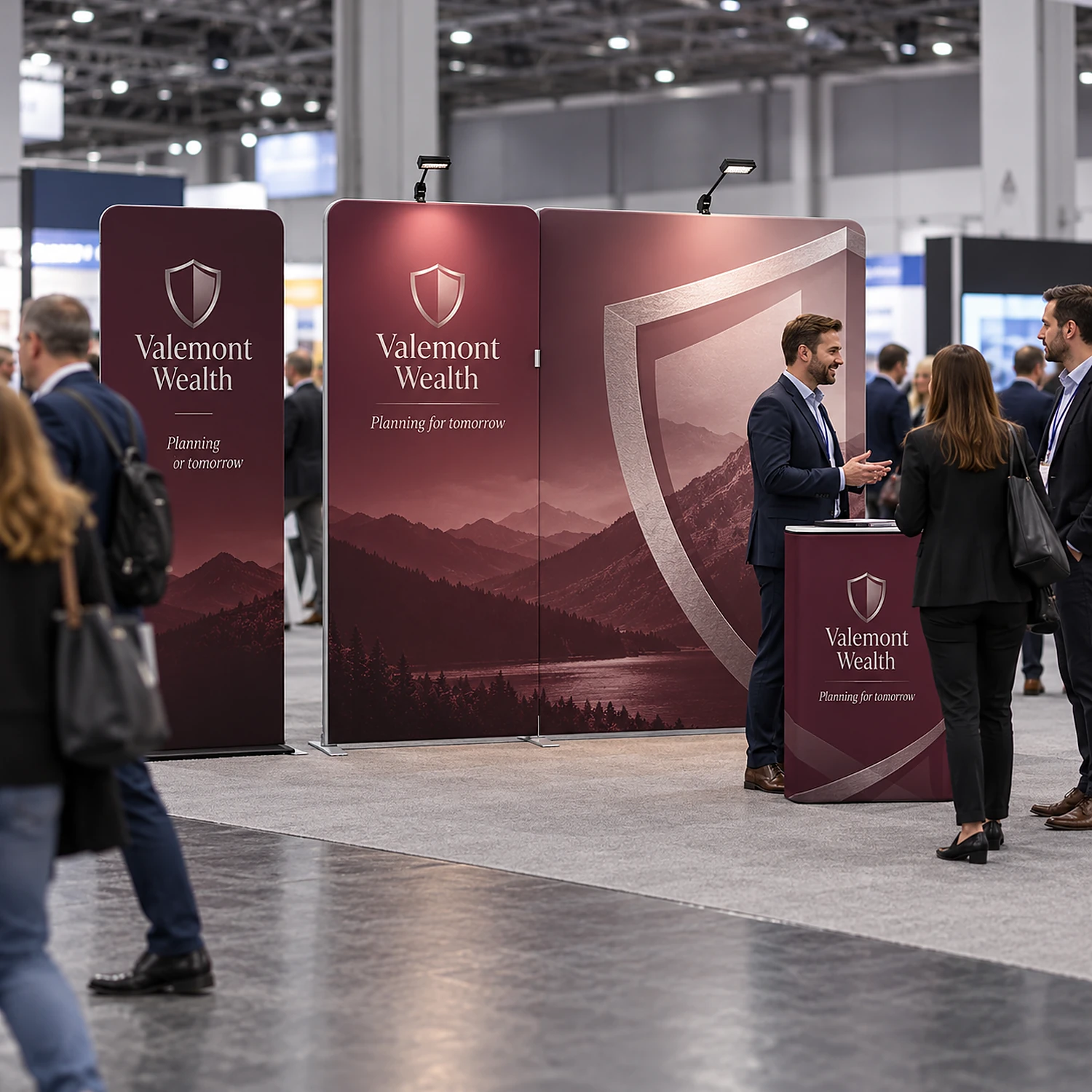 Fabric display wall 2.99m x 2.26m with LED spotlights, counter case and banner stand in use at a UK trade show, shown with an example design