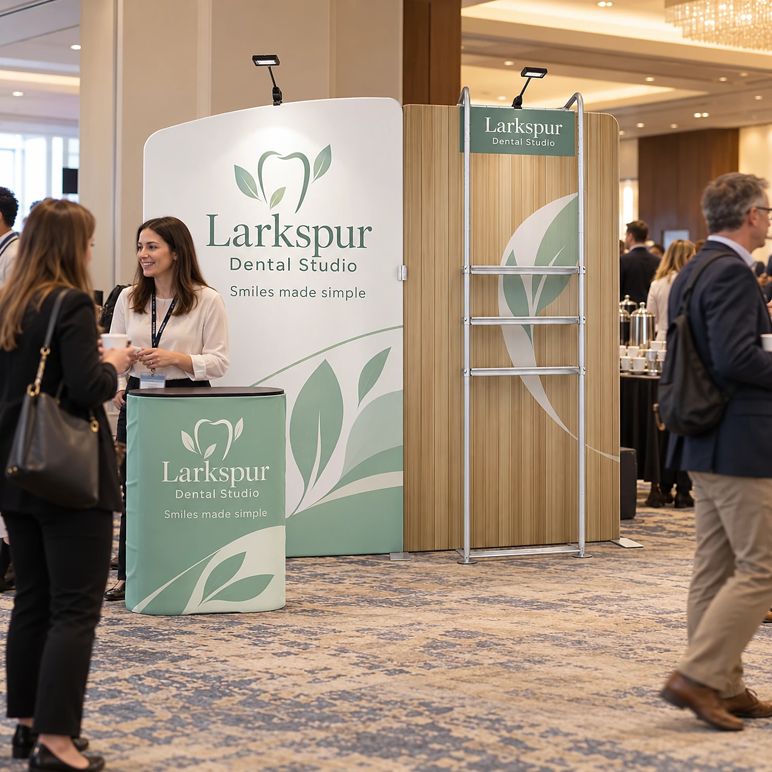 Fabric display wall 2.84m x 2.45m with shelving, LED spotlights and counter case in use at a hotel conference, shown with an example design
