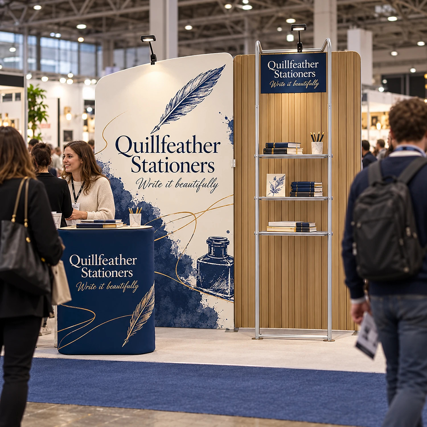 Fabric display wall 2.84m x 2.45m with shelving, LED spotlights and counter case in use at a UK trade show, shown with an example design