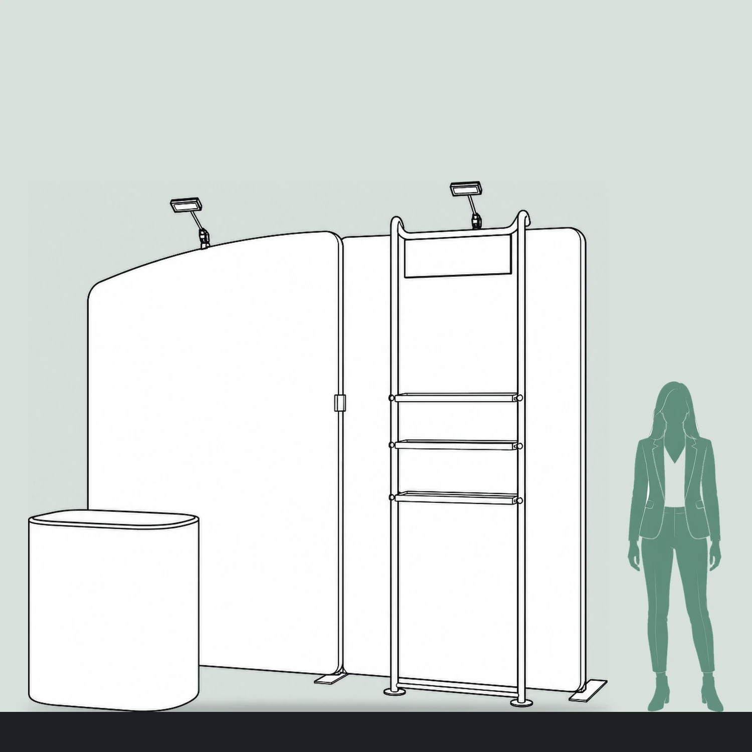 Fabric display wall 2.84m x 2.45m with shelving, LED spotlights and counter case, line drawing shown to scale next to a 1.7m person
