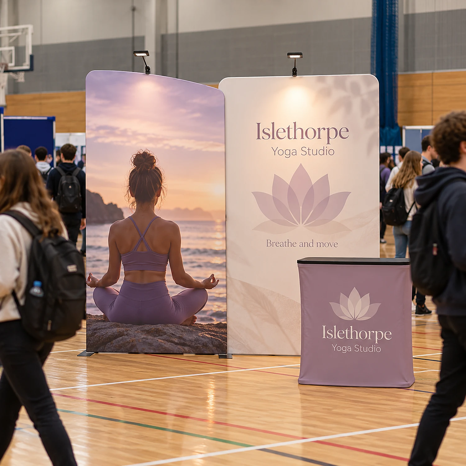 Fabric display wall 2.84m x 2.45m in use at an event, shown with an example design