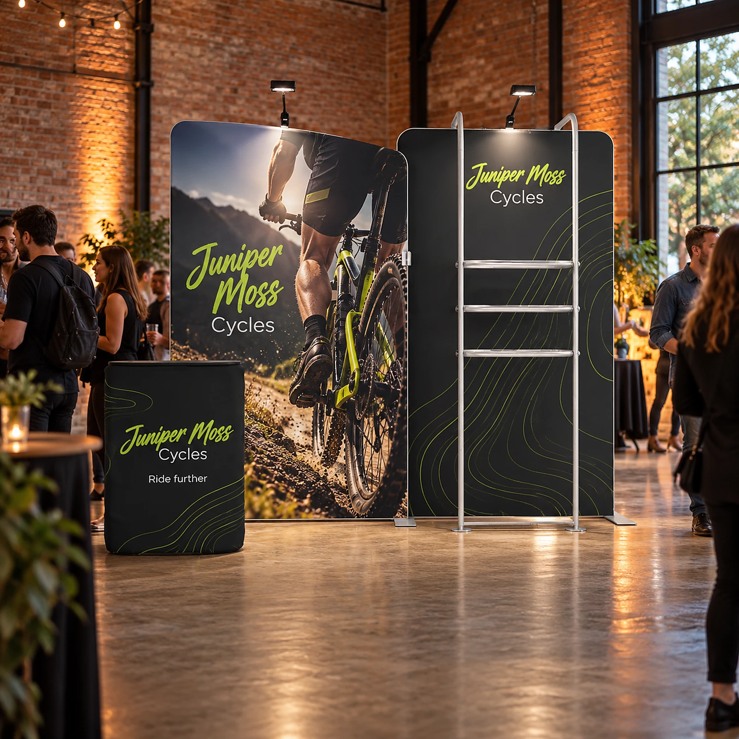 Fabric display wall 2.84m x 2.45m in use at an event, shown with an example design