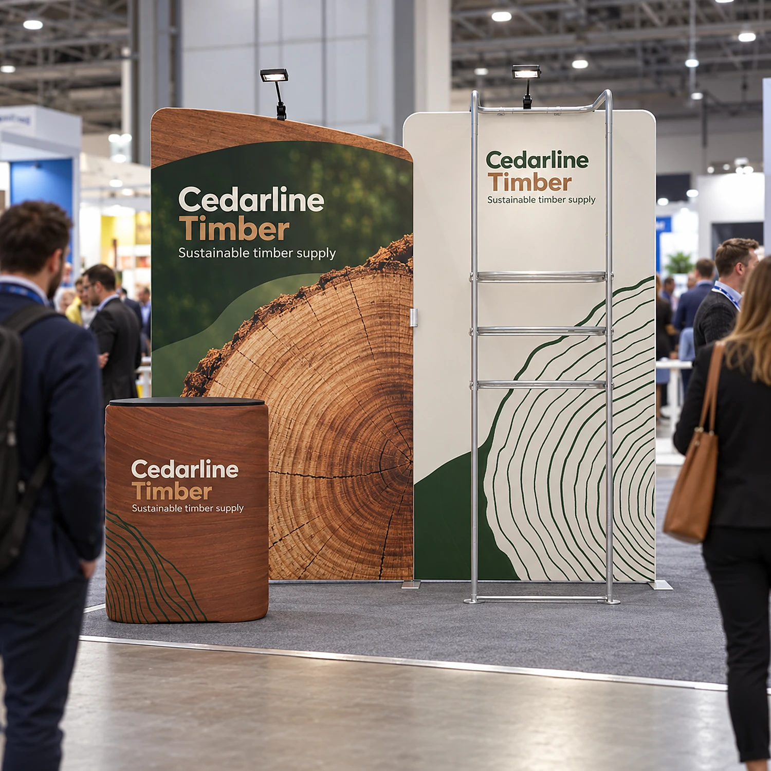 Fabric display wall 2.84m x 2.45m with shelving, LED spotlights and counter case in use at a UK business expo, shown with an example design