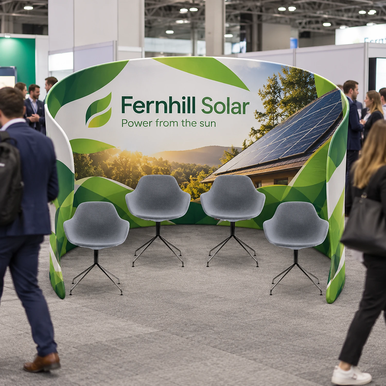 Fabric meeting pod in use at a busy trade show