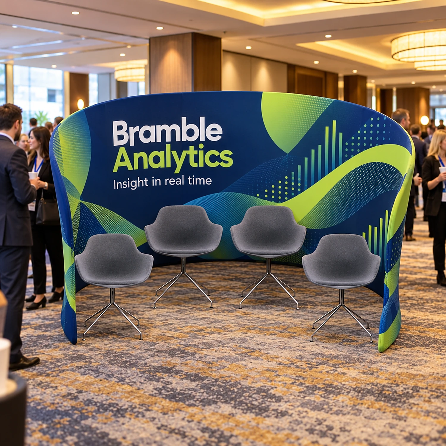 Fabric meeting pod in use in a hotel conference foyer