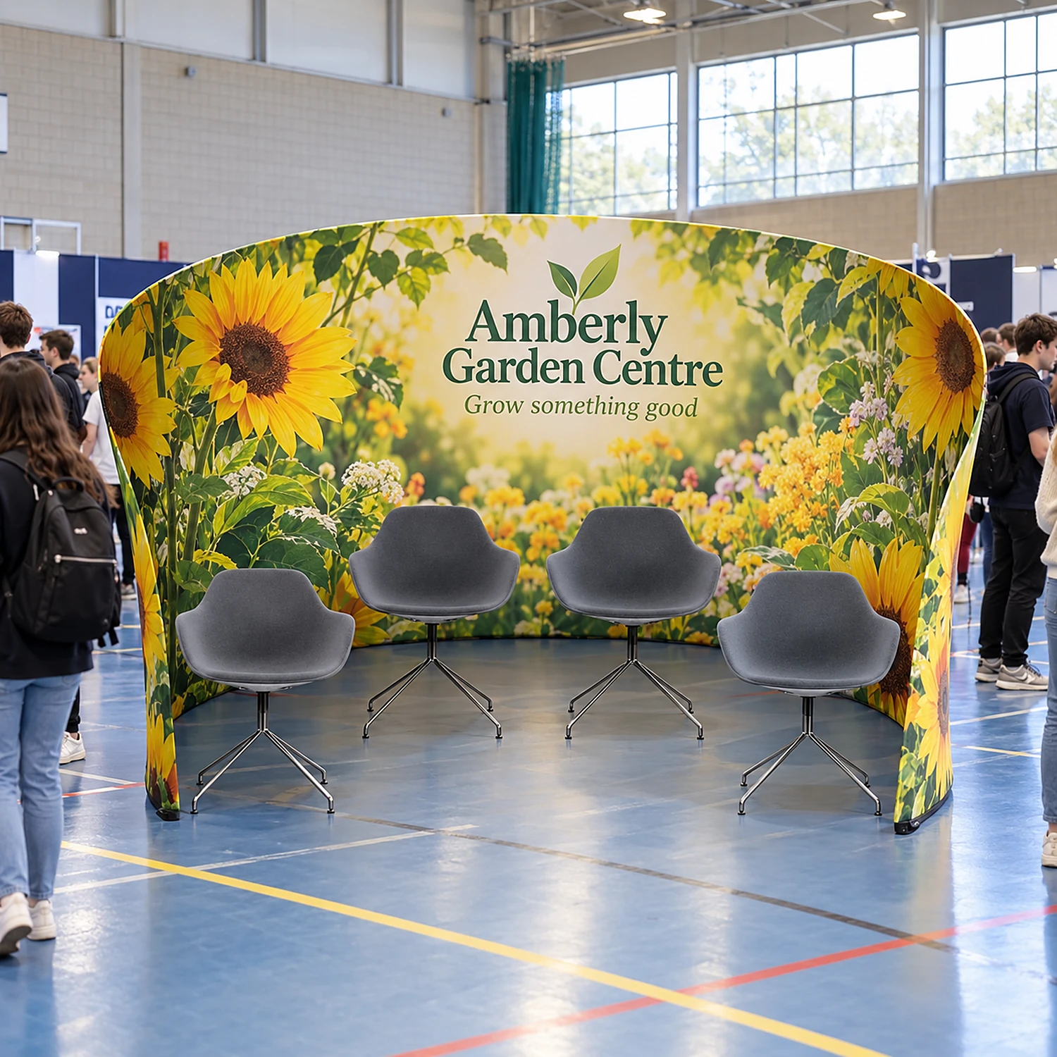 Fabric meeting pod in use at a university careers fair