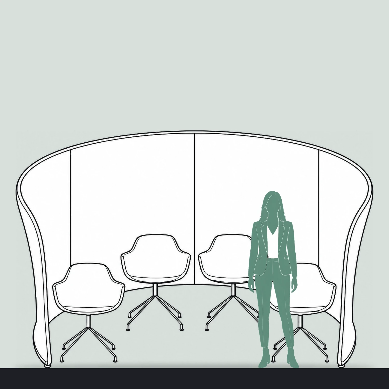 Fabric meeting pod size guide, 2280mm high, shown next to a person for scale