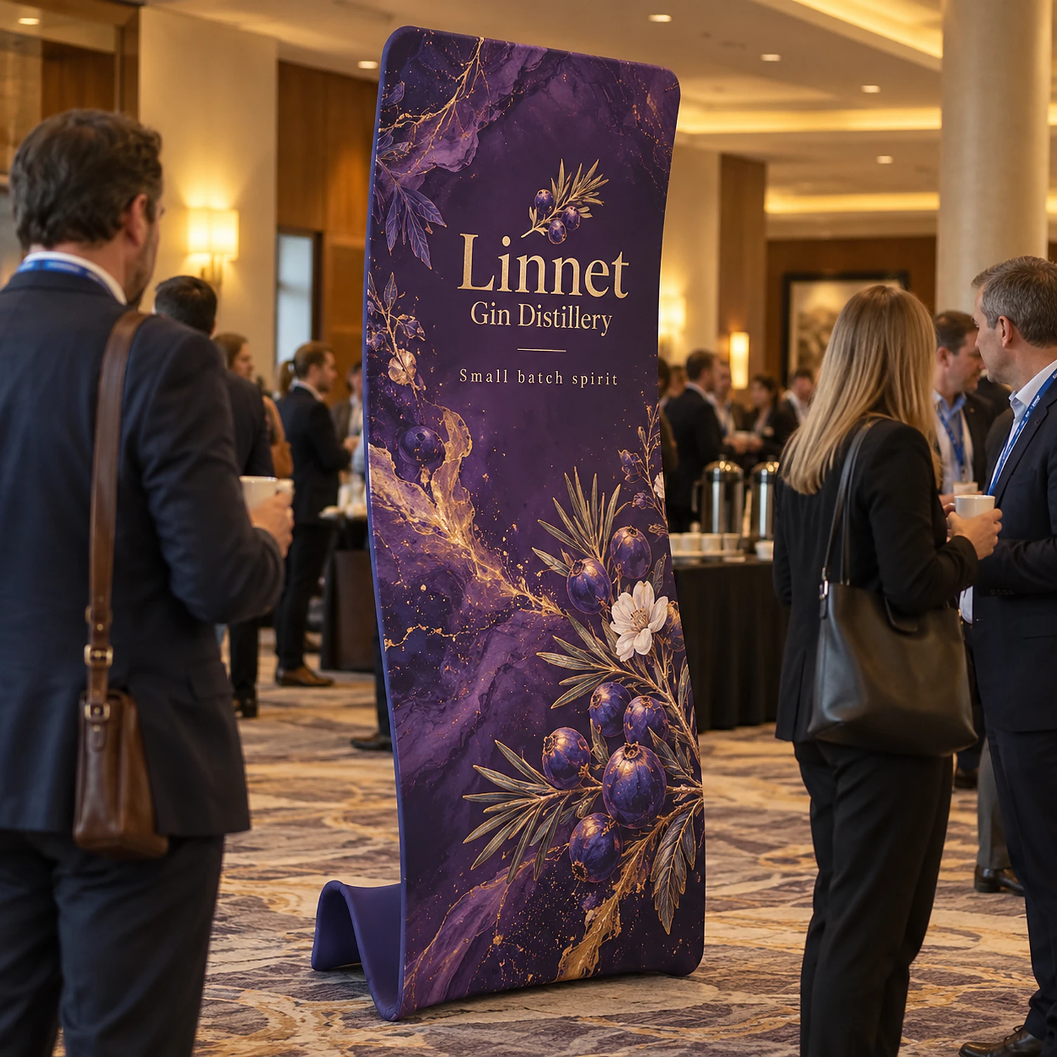 Fabric snake stand in use in a hotel conference foyer