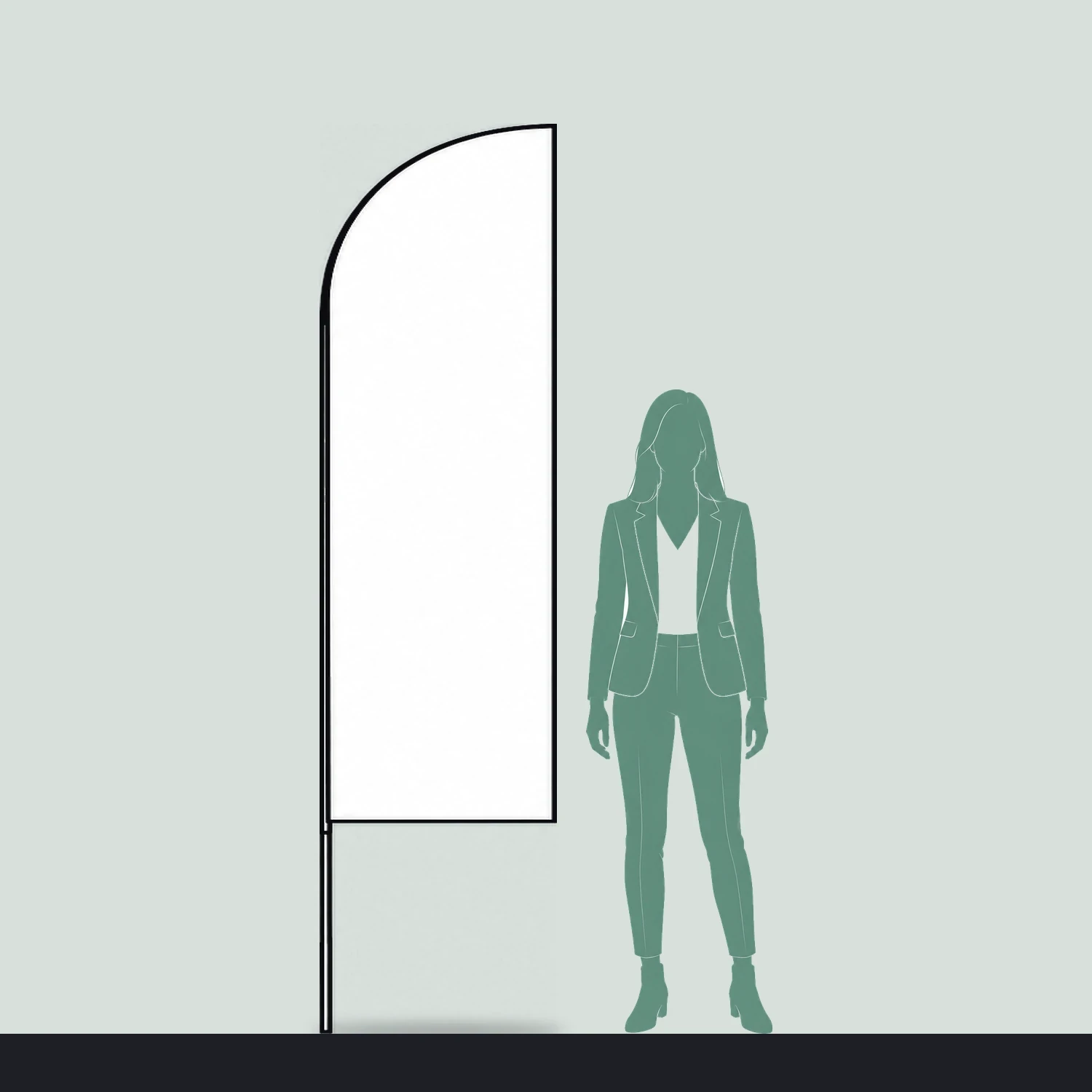 Feather fibreglass flag size guide, 625mm wide x 2400mm high, shown next to a person for scale