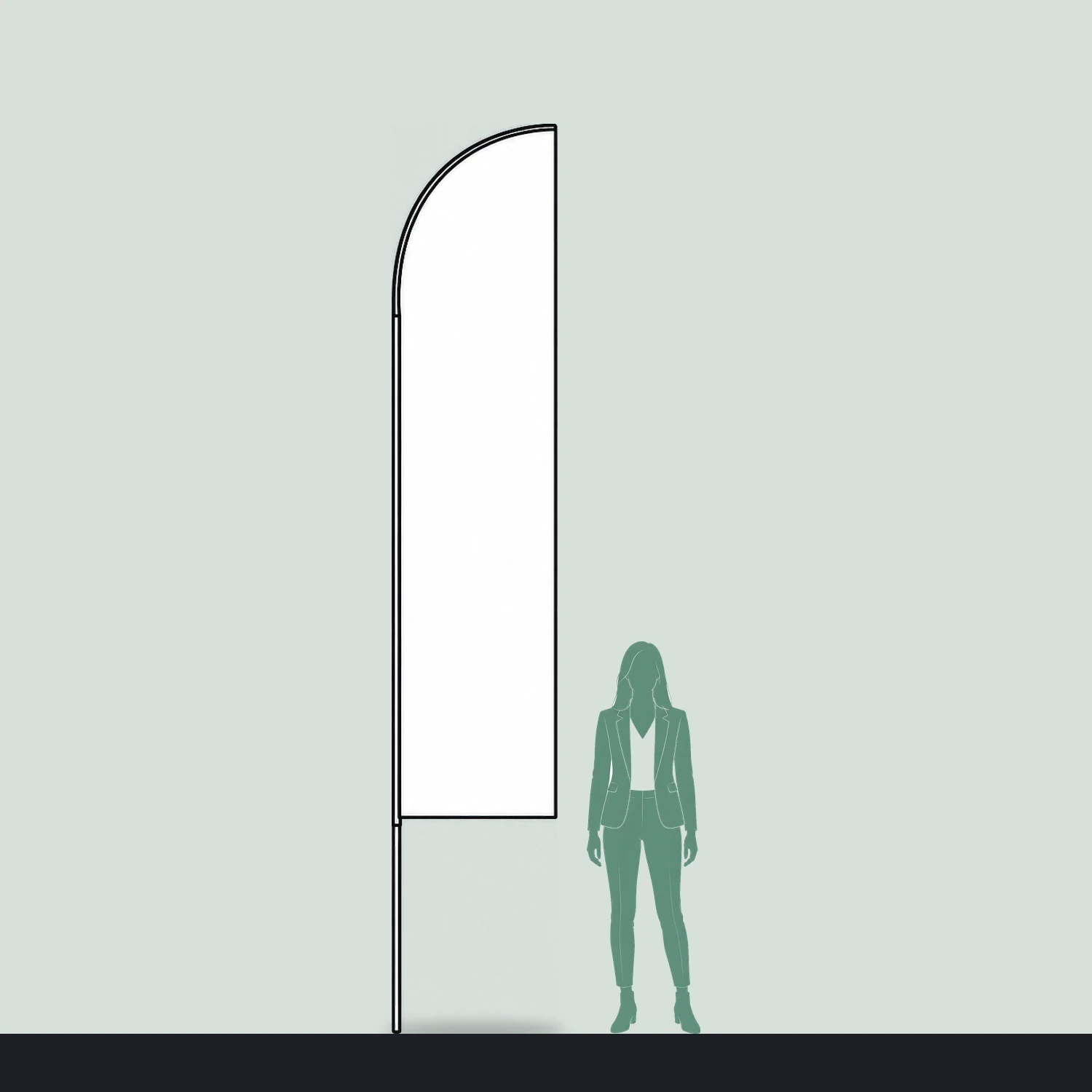 Feather fibreglass flag size guide, 720mm wide x 3940mm high, shown next to a person for scale