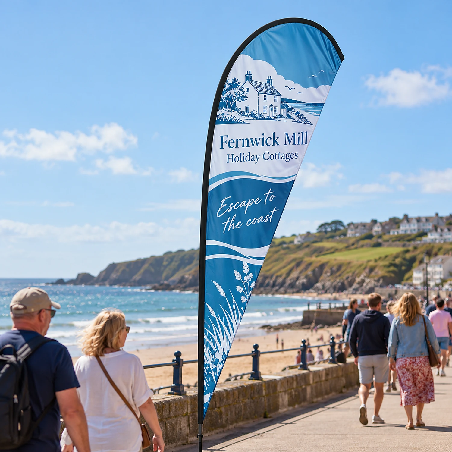 Feather Flag 10ft on a seaside promenade, shown with an example design