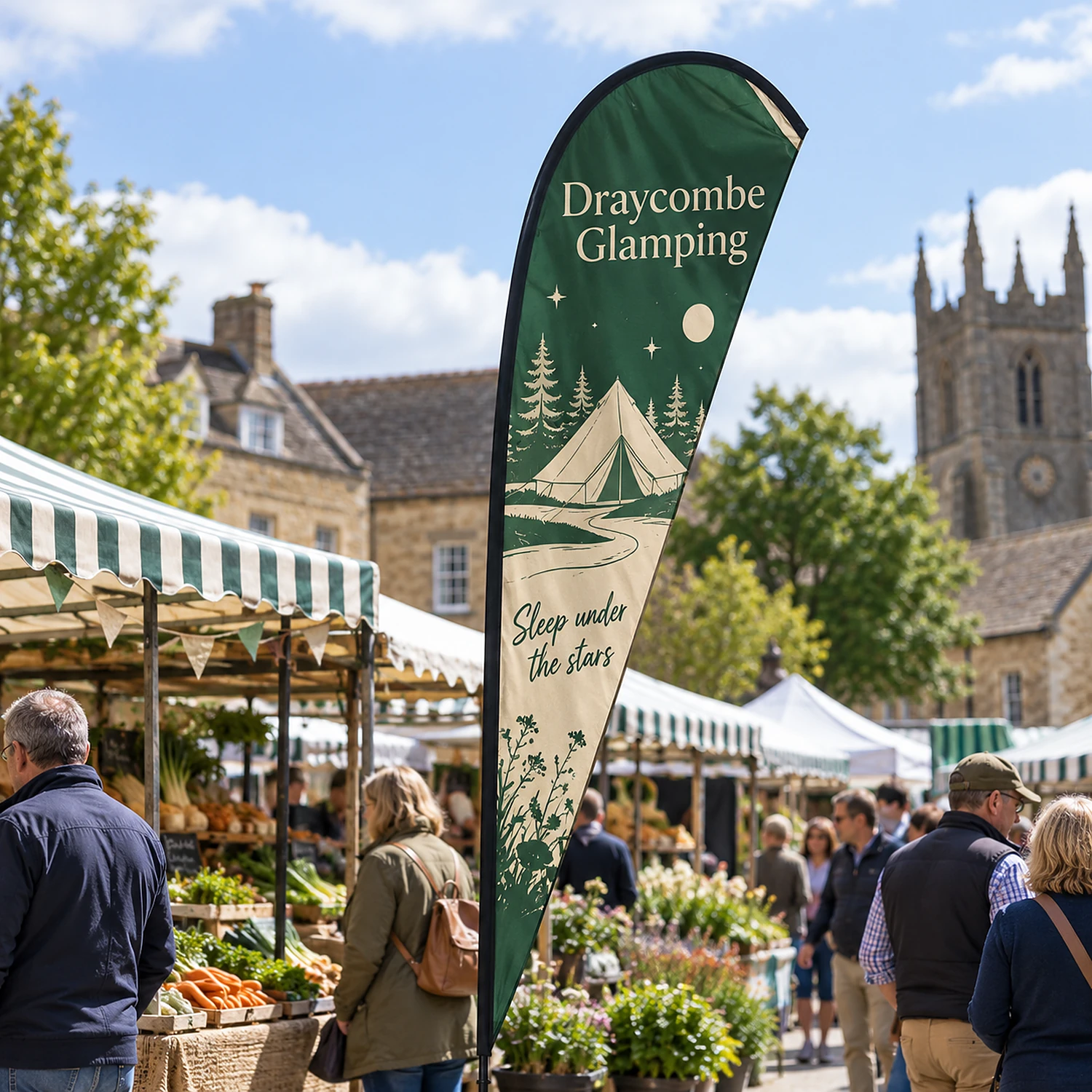 Feather Flag 10ft at a farmers' market, shown with an example design