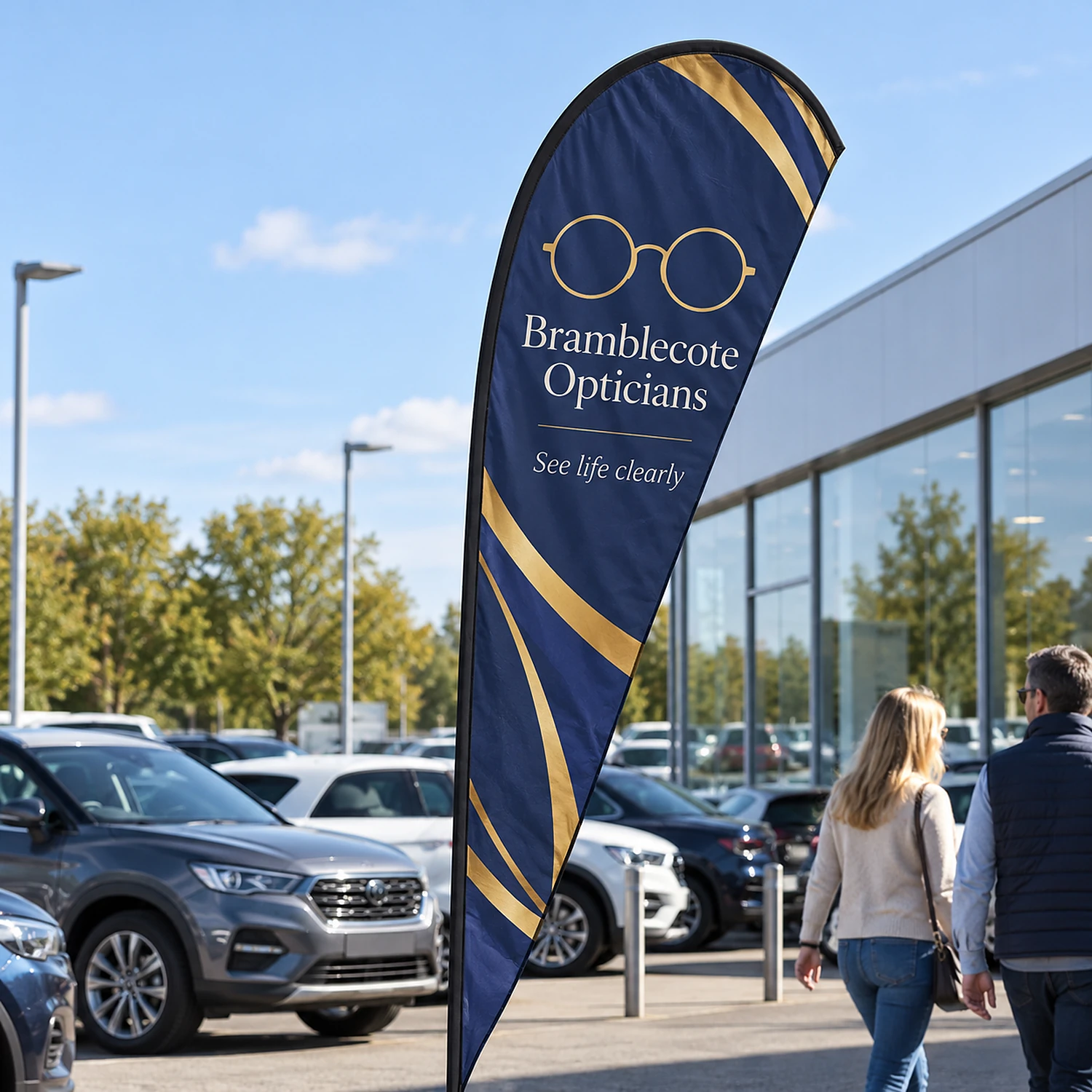 Feather Flag 10ft on a car dealership forecourt, shown with an example design