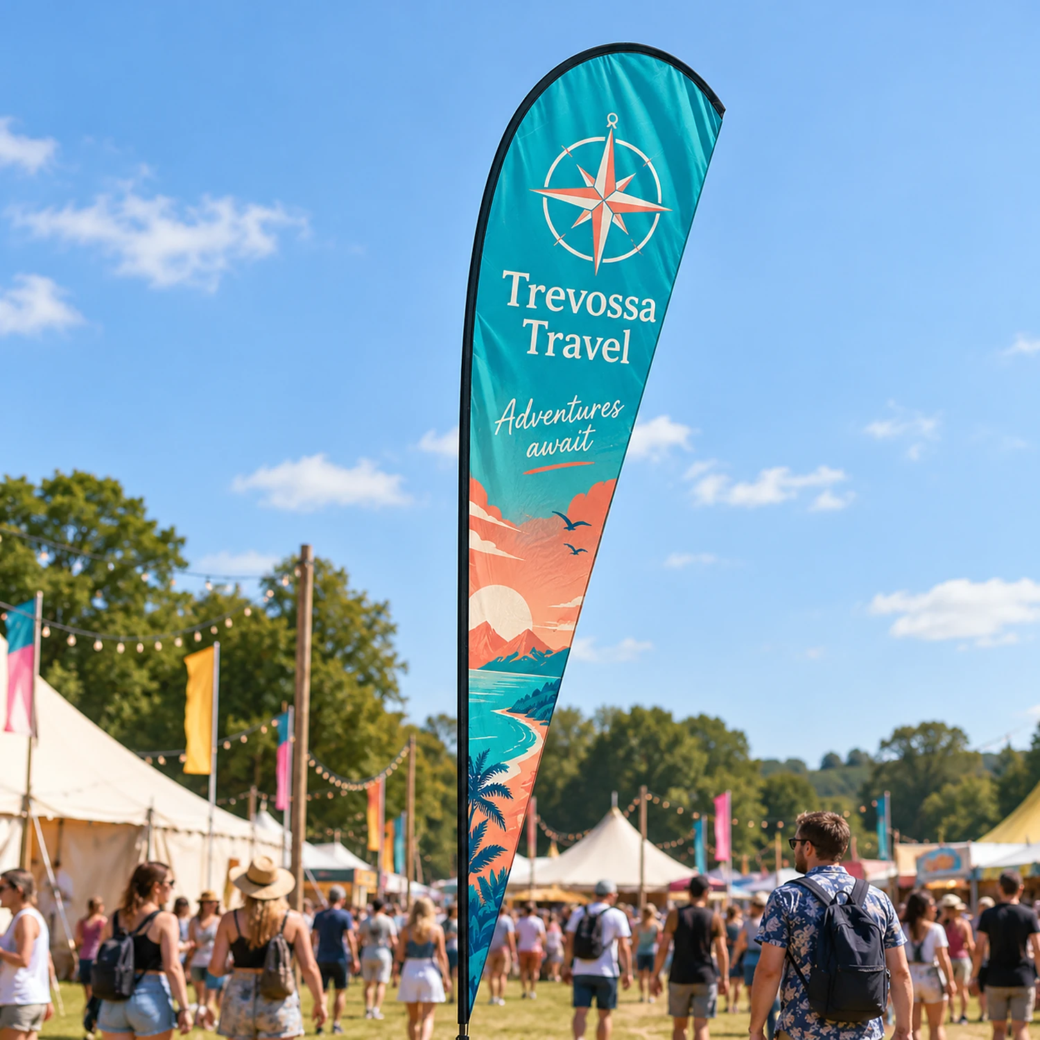 Feather Flag 14ft at an outdoor summer festival, shown with an example design